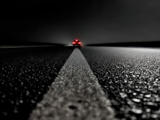 Low angle view of a car driving away on an empty road at night, with glowing red lights and wet asphalt texture. Dark cinematic scene symbolizing journey, solitude, motion, danger, and mystery.