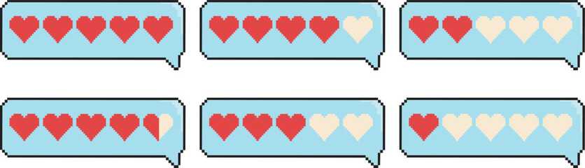 Pixel Art Heart Rating Icon Set - Retro 8-Bit Love Feedback Bubbles for Game UI and Vintage Customer Review Vector Illustration