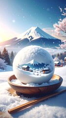 A surreal winter scene, a snowy orb cradles a miniature landscape, snow-covered mountains, and cozy homes. A wooden bowl holds it