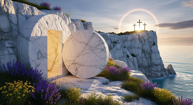 Easter sunrise empty tomb on a cliffside with crosses and rainbow