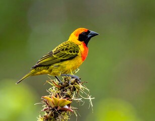 Fototapeta premium Vibrant bird with colorful plumage perched atop a small, leafy plant against a blurred green background