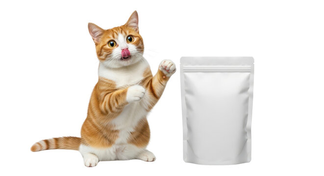 Orange and white tabby cat standing on hind legs, licking nose, next to blank white flexible pouch packaging, isolated PNG with Transparent Background