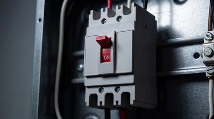 Naklejka premium Detailed view of a circuit breaker in an electrical panel, emphasizing the intricate design and function of this vital safety component.
