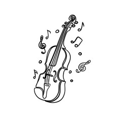 Minimalist continuous line art of a violin with floating musical notes, elegant classical music instrument black and white illustration.