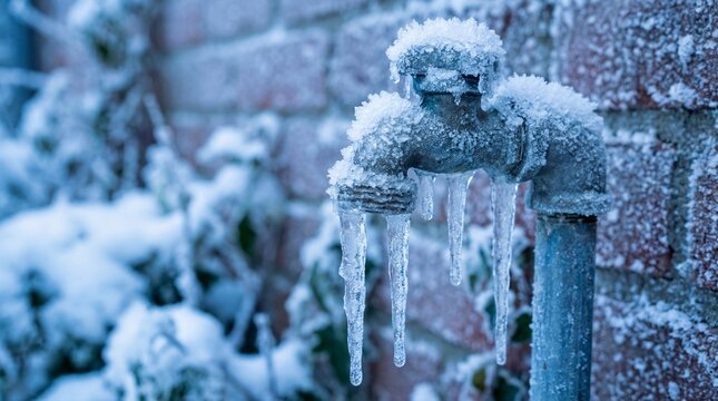 A frozen tap with icicles, showcasing the cold, winter weather, and ice formation, perfect for illustrating the effects of sub-zero temperatures. 