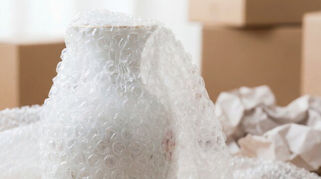 A fragile package carefully encased in protective bubble wrap, ready for safe transit, hinting at the meticulous preparation of a thoughtful delivery or a valuable item being cherished. 