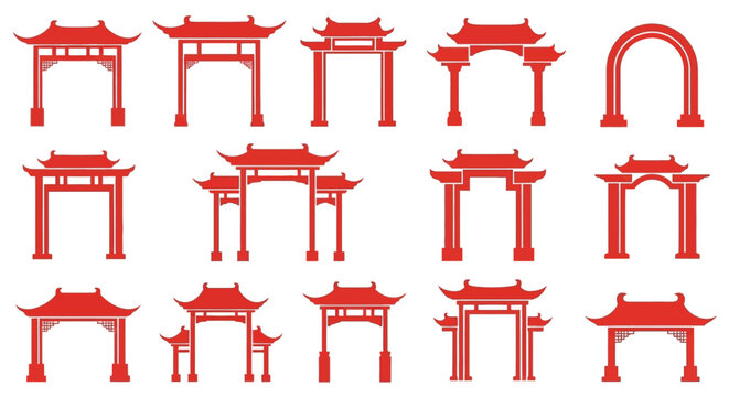 A collection of traditional Chinese architectural gates, known as Torii gates or Pailou, showcasing distinct designs and cultural significance often found in ancient temples and landmarks