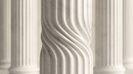 Naklejka premium Elegant marble columns stand in a row, the central column showcasing intricate carvings and architectural detail, embodying strength and aesthetic beauty.