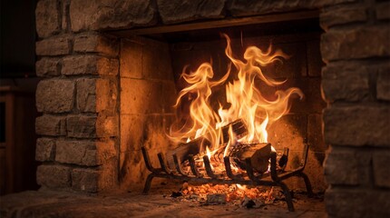Fototapeta premium A cozy fireplace, with lively fire spirit dancing in an inviting hearth, showcasing the warm embrace of firelight.