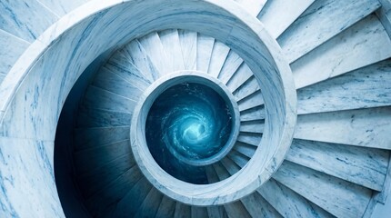 Fototapeta premium An ethereal spiral staircase, its marble structure winding towards a mesmerizing, celestial abyss. The scene conveys a sense of endless journey, aspiration, and an invitation to explore the unknown.