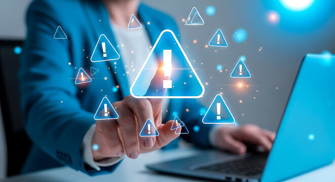 Cyber security alert notification concept with a person interacting with a digital interface displaying multiple warning icons