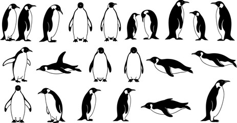 Penguin silhouette and line art collection featuring various poses including standing, walking, swimming, and diving for Antarctic wildlife nature design. © Shopna