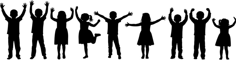 Silhouette vector set of happy children jumping and cheering with arms raised, celebrating together in a row for community concept.