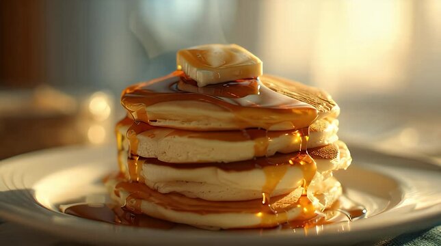 Maple Syrup Pouring on Fluffy Pancakes Stack Video.