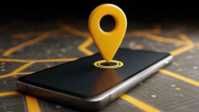 Yellow map pin hovering above smartphone screen indicating precise navigation and location tracking with mobile map interface and GPS direction, modern navigation concept digital map showing map pin