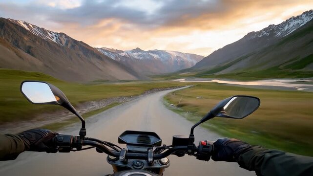 A motorcyclist resting gloved hands on wide handlebars while overlooking a mountain pass, sunset painting warm colors across the horizon &mdash; road-trip freedom, adventure travel, and motorcycle