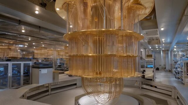 A quantum computing lab filled with towering cryogenic refrigerators, golden wiring descending into ultra-cold chambers where qubits hum in near-absolute-zero silence &mdash; futuristic computing,