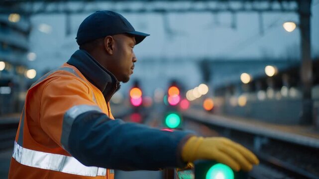 A railway signaling technician adjusting glowing trackside lights at dusk, red and green beams cutting through the mist as trains rumble in the distance &mdash; transportation safety, precision