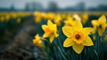 Fototapeta premium Field of yellow daffodils, low angle, blurred foreground and background, focus on one flower