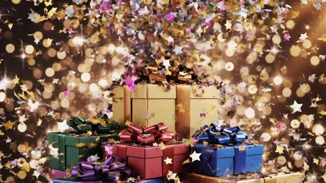 Vibrant gifts stacked high with colorful bows and confetti