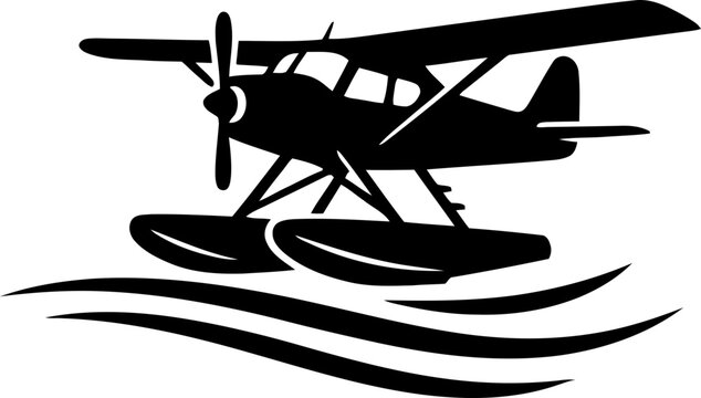 Seaplane on water waves vector icon illustration for transport, travel, aviation concept, sticker, logo, silhouette design