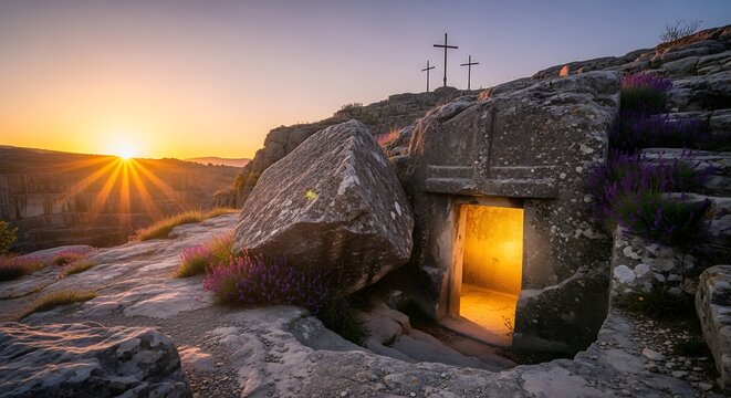 Easter sunrise at the holy tomb resurrection scene at dawn