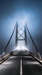 A suspension bridge is shrouded in a heavy fog, with car headlights glowing in the distance along a road. The lights peak into the misty air