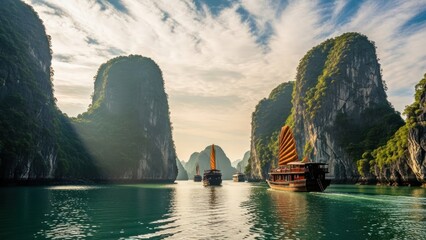 Boats sailing past large limestone cliffs in daylight