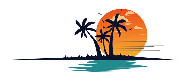 Experience the beauty of a tropical sunset with silhouetted palm trees, vibrant orange skies, and birds flying over a tranquil ocean scene. Perfect for travel, nature, or tropical-themed content