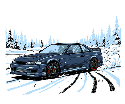 Extreme Winter Drift Car Illustration, JDM Coupe Power Slide Graphic for T-Shirt Print Design, Snowy Rallying Vector Art Concept.