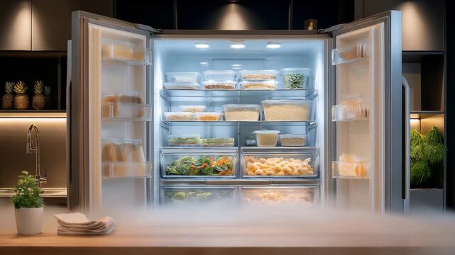 A sleek modern freezer at home opening to reveal organized rows of frozen waffles, veggies, and smoothie packs, LED lights glowing in icy blue tones &mdash; smart kitchen appliances, frozen storage