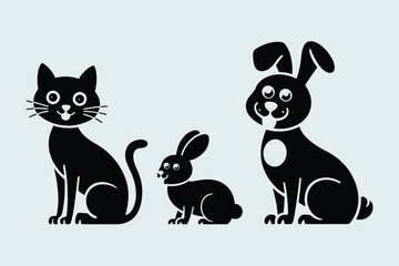 Obraz premium Black silhouettes of cat, rabbit, and hare icons. Includes animal, pet, and mammal symbols. Created in solid style with black and white color palette.