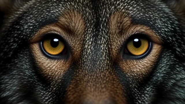 Intense amber eyes of a wild wolf stare intently, showcasing its powerful gaze and textured fur.