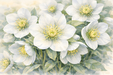 白いクリスマスローズを描いた水彩画イラスト