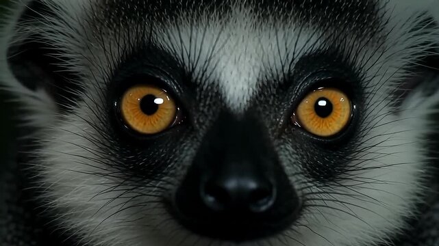 Intense gaze of a ring-tailed lemur with striking amber eyes.