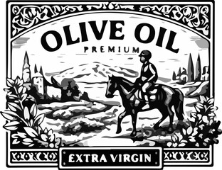 Naklejka premium Vintage Engraved Olive Oil Rider Horse Label Black White Retro Adventure