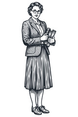 Vintage vector illustration of a female teacher, librarian or student in retro 1950s clothes and glasses holding books. Classic engraving art style.