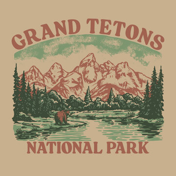 Grand Teton National Park illustration vintage hand draw illustration for badge and merchandise design