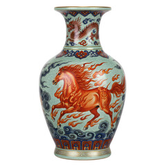 Ornate Oriental Porcelain Vase with Flying Fire Horse and Dragon - Traditional Chinese Ceramic Art Illustration with Mythical Creatures isolated on a transparent background 