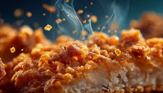 Ultra-Detailed Texture of Crispy Golden Fried Chicken Skin. Macro food photography of crispy fried chicken skin with visible crunch and spices. Mouth-watering fast food texture.