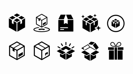 Set of ten black and white icons representing various cardboard boxes delivery packages and gift boxes
