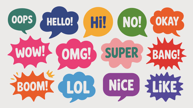 Collection of colorful speech bubbles with popular short phrases like oops hello hi no okay wow omg super bang boom lol nice like