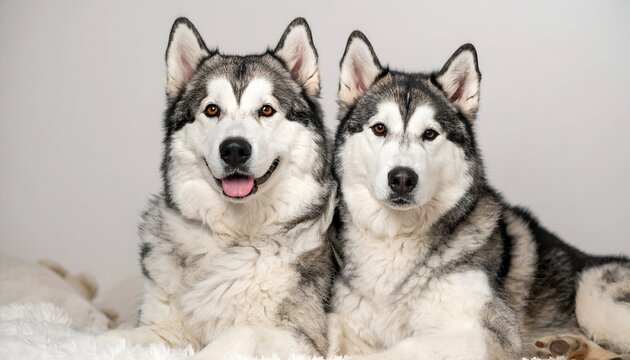 Two gray/white Alaskan Malamutes snuggle on a fluffy white blanket, posing with warm brown eyes against a neutral backdrop