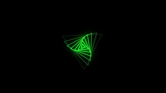 A neon green geometric triangle pattern glows brightly against a deep black background.