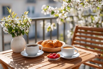 Naklejka premium Balcony breakfast with coffee, croissants, and spring flowers