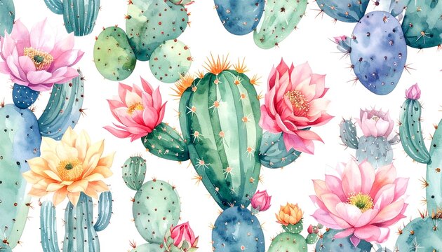 Watercolor cacti with blossoms against white; lush botanical illustration, vibrant floral accents, desert theme