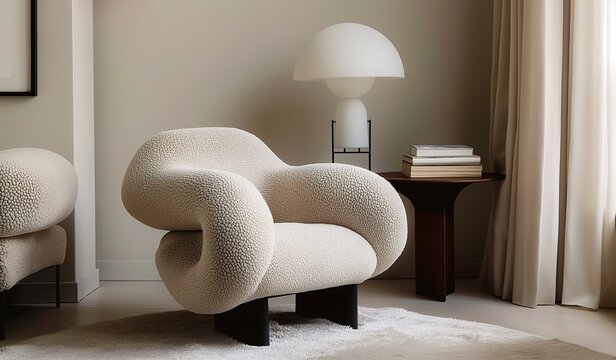 An armchair with organic cloud-like shapes in off white boucle fabric and black legs is placed against light beige walls for a cozy atmosphere