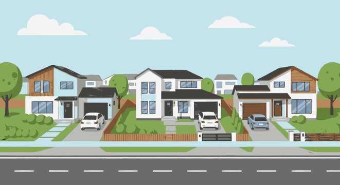 Row of Modern Suburban Homes with Driveways.