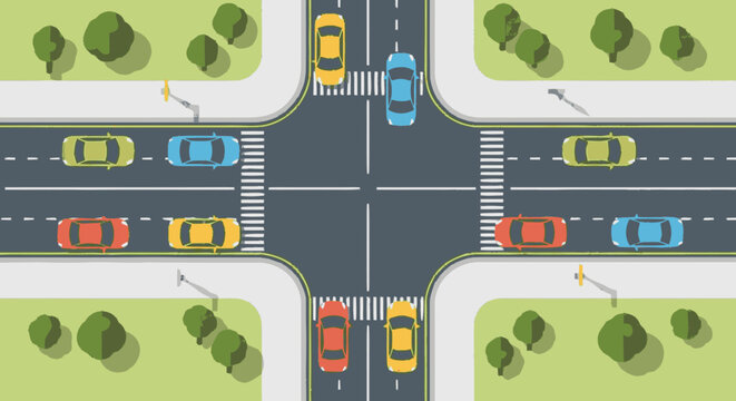 Cars at Four Way Intersection Road.