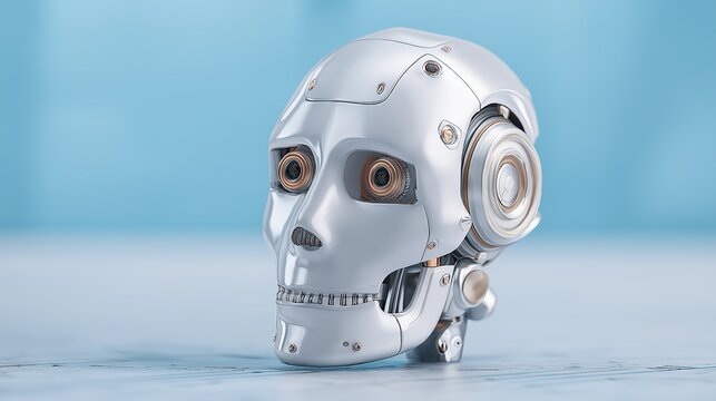 A cute robot skull head on a blue background, with a metallic silver and white color palette, futuristic design, artificial intelligence concept